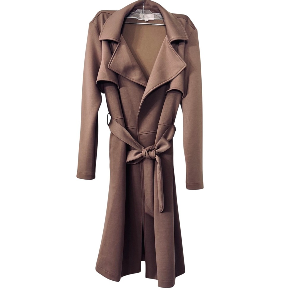 Melloday Mocha Brown Belted Coatigan Longline Draped Trench Minimalist Sz Small
